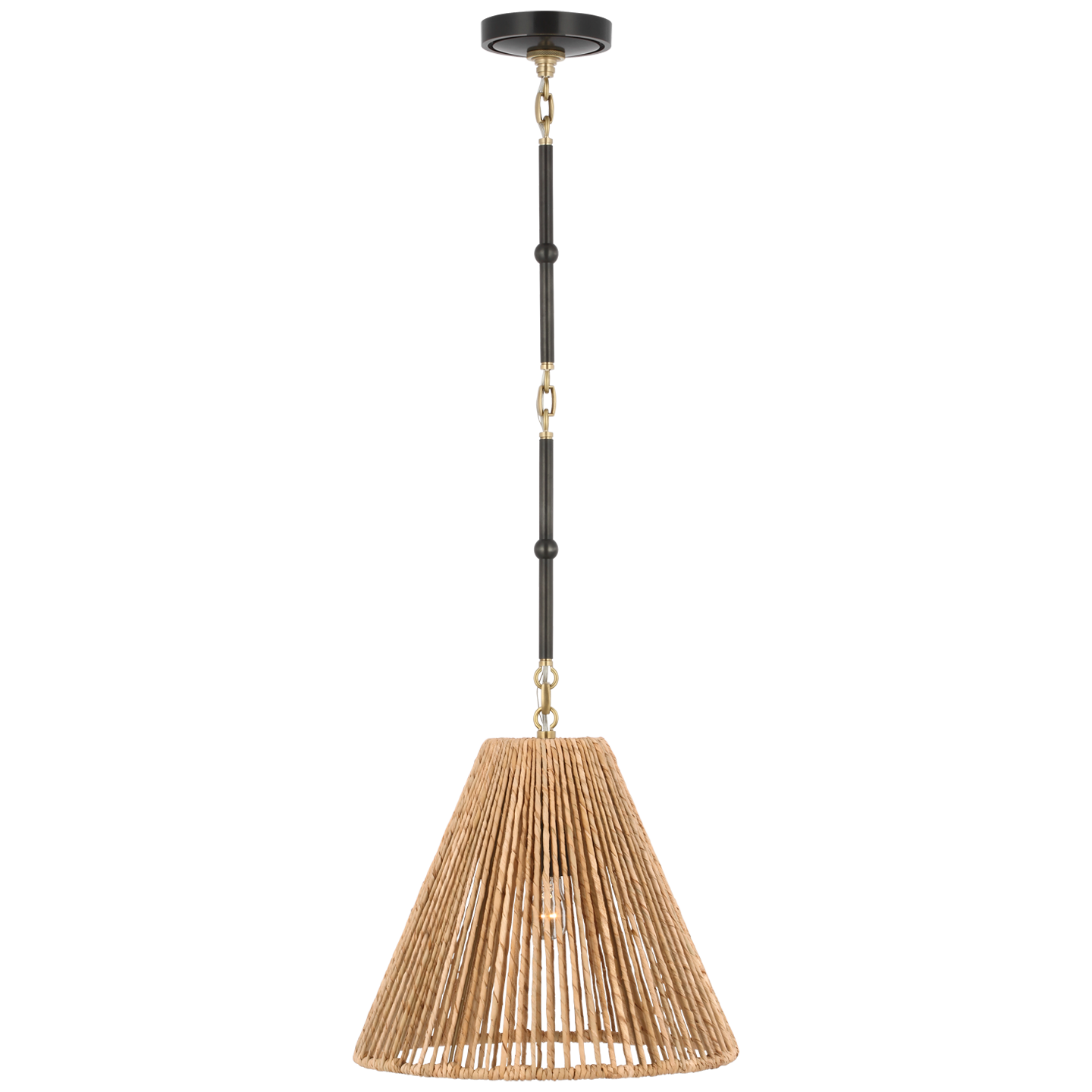 Goodman Small Hanging Light in Bronze and Hand-Rubbed Antique Brass with Natural Abaca Shade