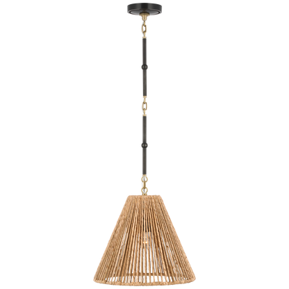 Goodman Small Hanging Light in Bronze and Hand-Rubbed Antique Brass with Natural Abaca Shade
