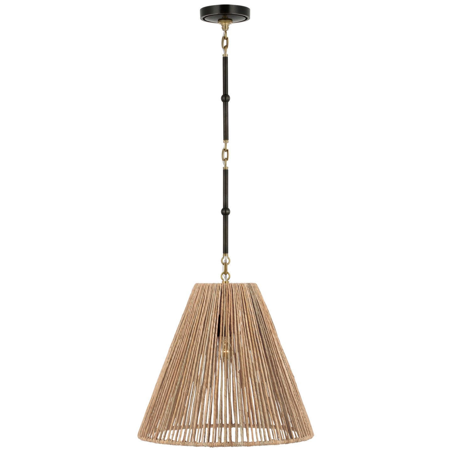 Goodman Medium Hanging Light in Bronze and Hand-Rubbed Antique Brass with Natural Abaca Shade