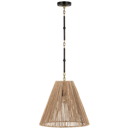 Goodman Medium Hanging Light in Bronze and Hand-Rubbed Antique Brass with Natural Abaca Shade