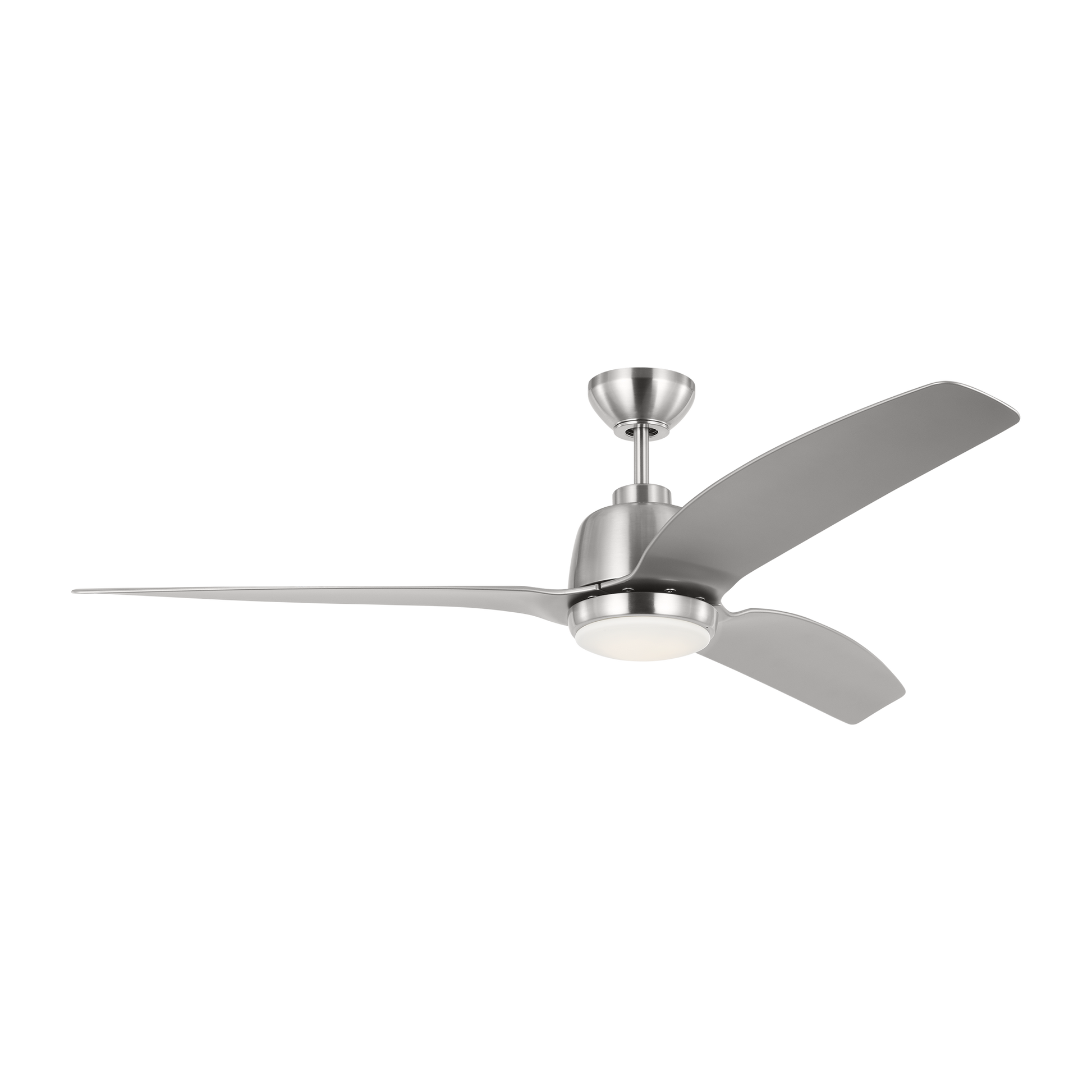 Avila 60-inch indoor/outdoor LED ceiling fan in brushed steel finish with silver blades, light kit, and handheld remote control
