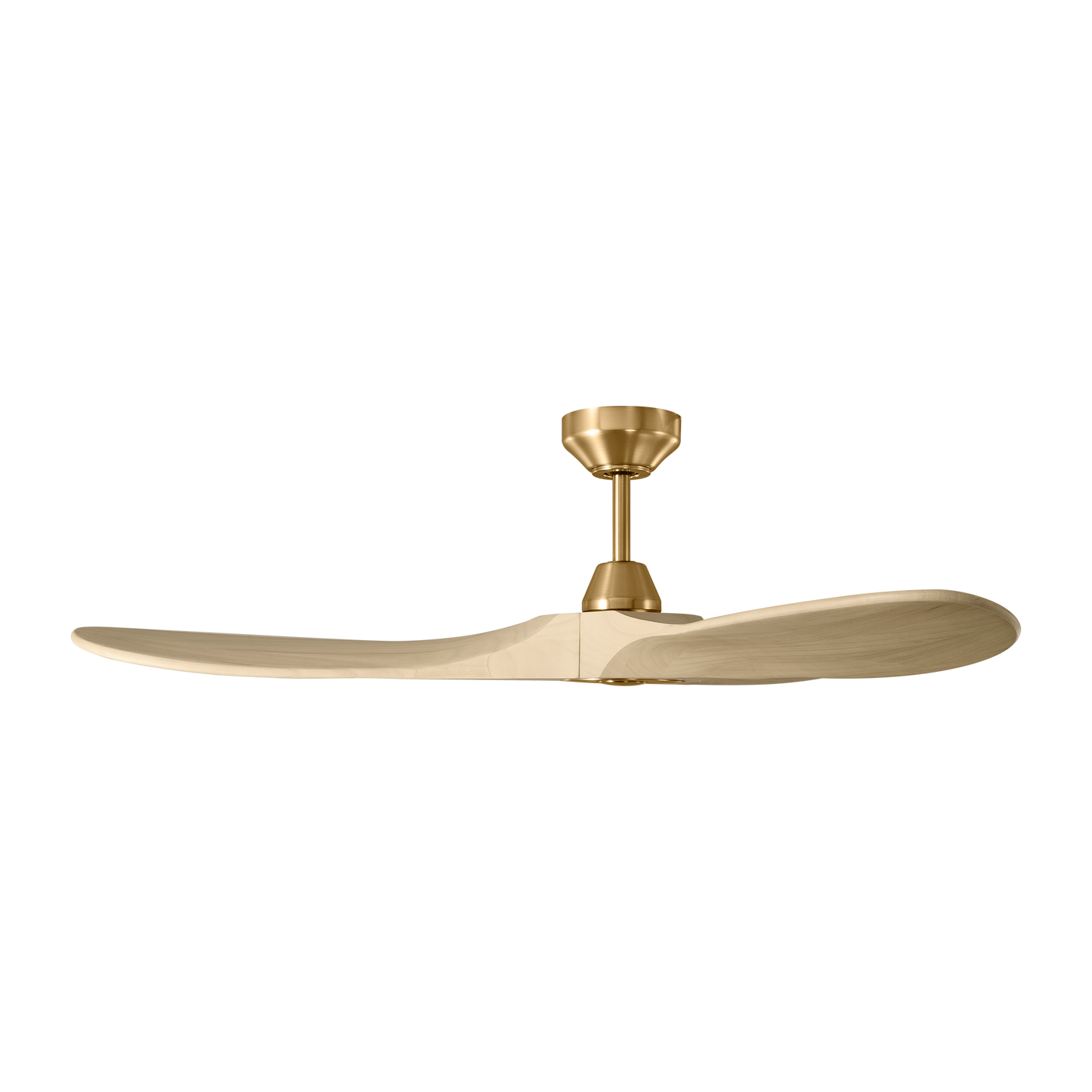 Maverick 52-inch indoor/outdoor smart ceiling fan in burnished brass finish with washed white oak blades, handheld remote control, and compatible with Alexa, Google Home, and Bond Home Action