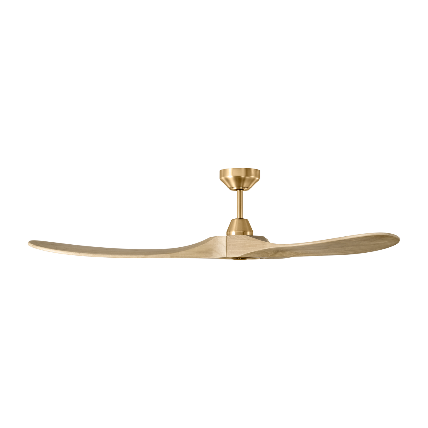 Maverick 60-inch indoor/outdoor smart ceiling fan in burnished brass finish with washed white oak blades, handheld remote control, and compatible with Alexa, Google Home, and Bond Home Action