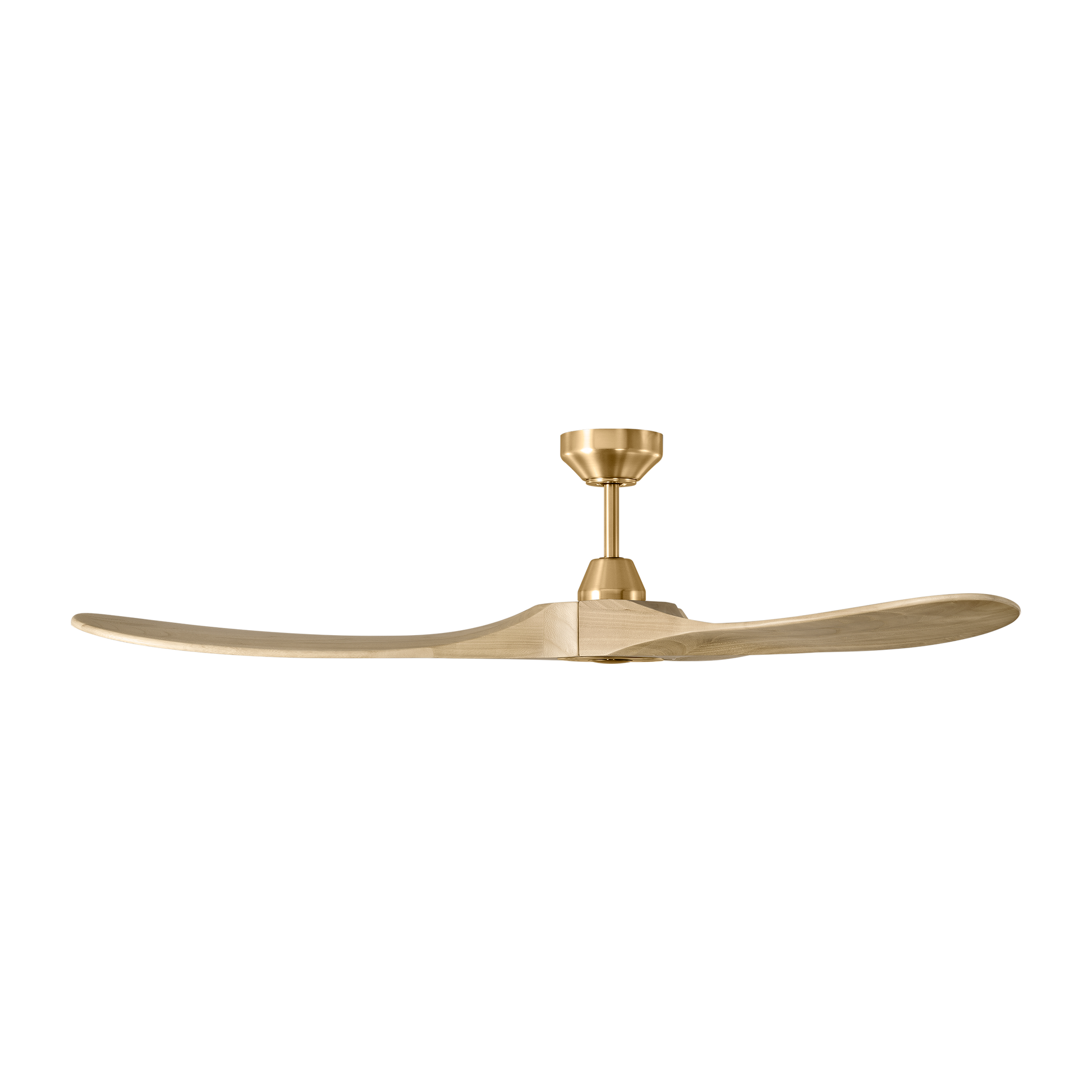 Maverick 60-inch indoor/outdoor smart ceiling fan in burnished brass finish with washed white oak blades, handheld remote control, and compatible with Alexa, Google Home, and Bond Home Action