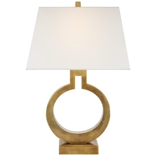 Ring Form Small Table Lamp in Antique-Burnished Brass with Linen Shade