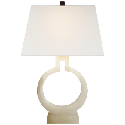 Ring Form Small Table Lamp in Alabaster with Linen Shade