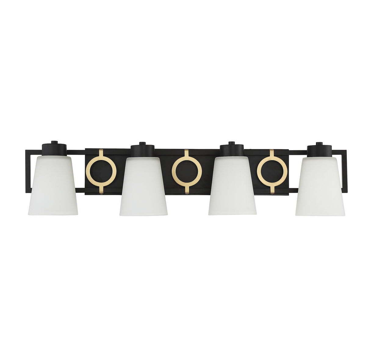 Russo Four Light Bathroom Vanity in Matte Black w/ Warm Brass