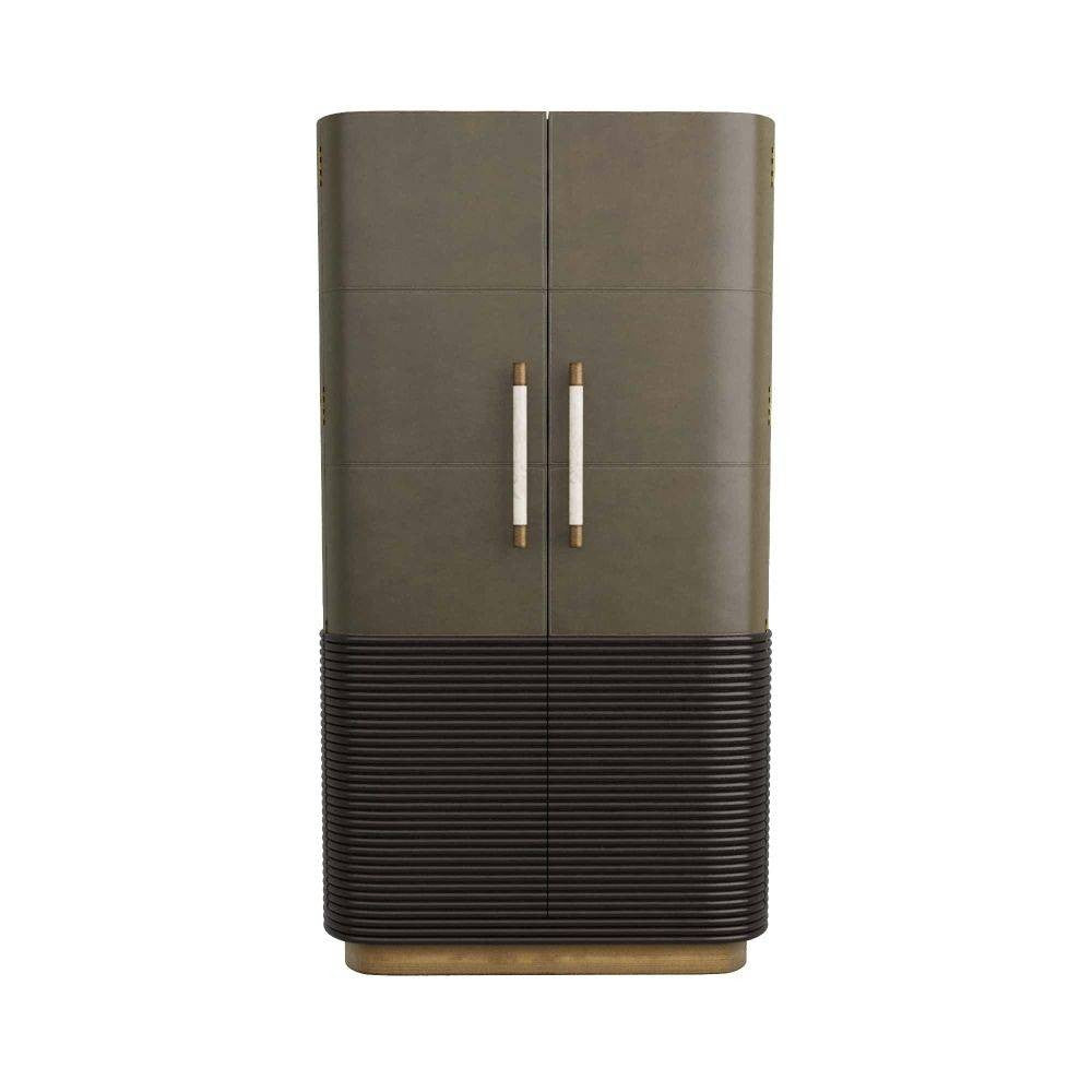 Sherbourne Cabinet in Graphite Leather/Umder Oak/White Marble/Antique Brass