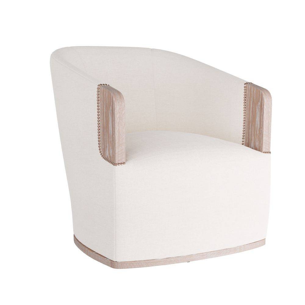 Fauteuil Reveal Lounge en lin couleur os/chêne cérusé/clous décoratifs en laiton antique