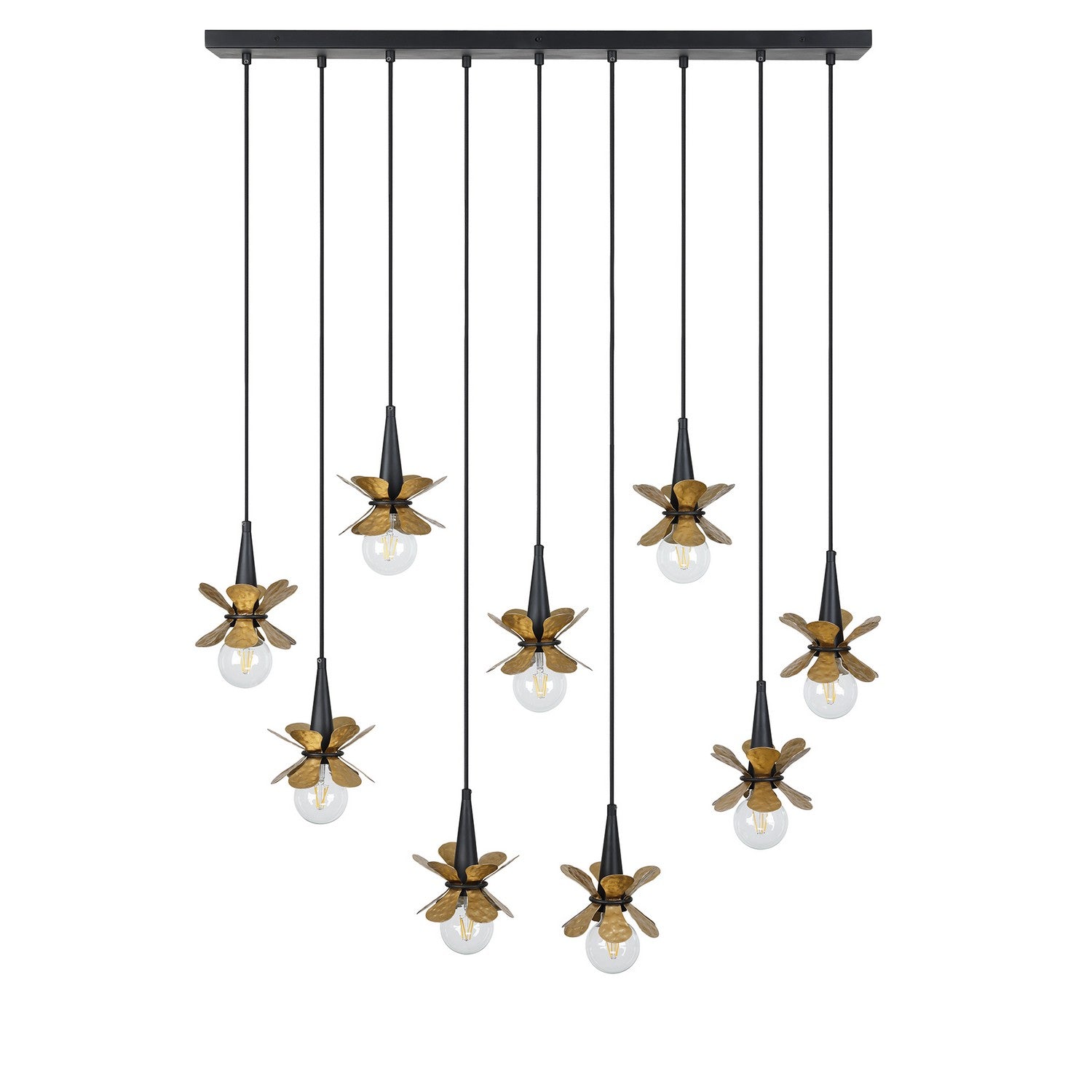 Lustre linéaire à neuf lumières Portinatx en noir satiné et or martelé