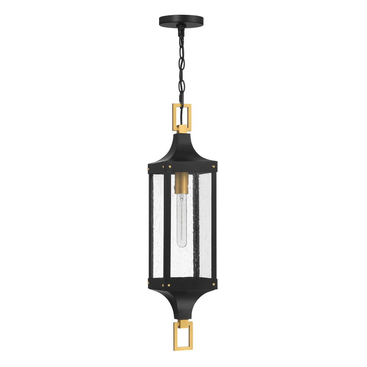 Glendale One Light Outdoor Hanging Lantern in Matte Black and Weathered Brushed Brass