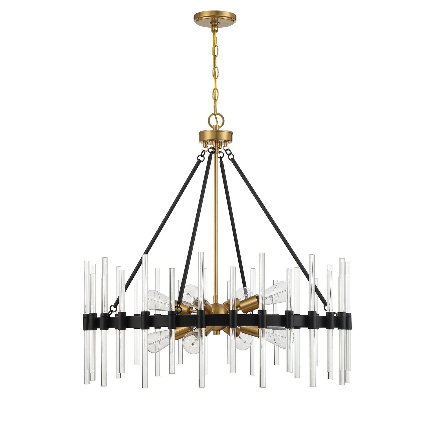 Suspension Santiago à huit lumières en noir mat avec des accents de laiton chaud