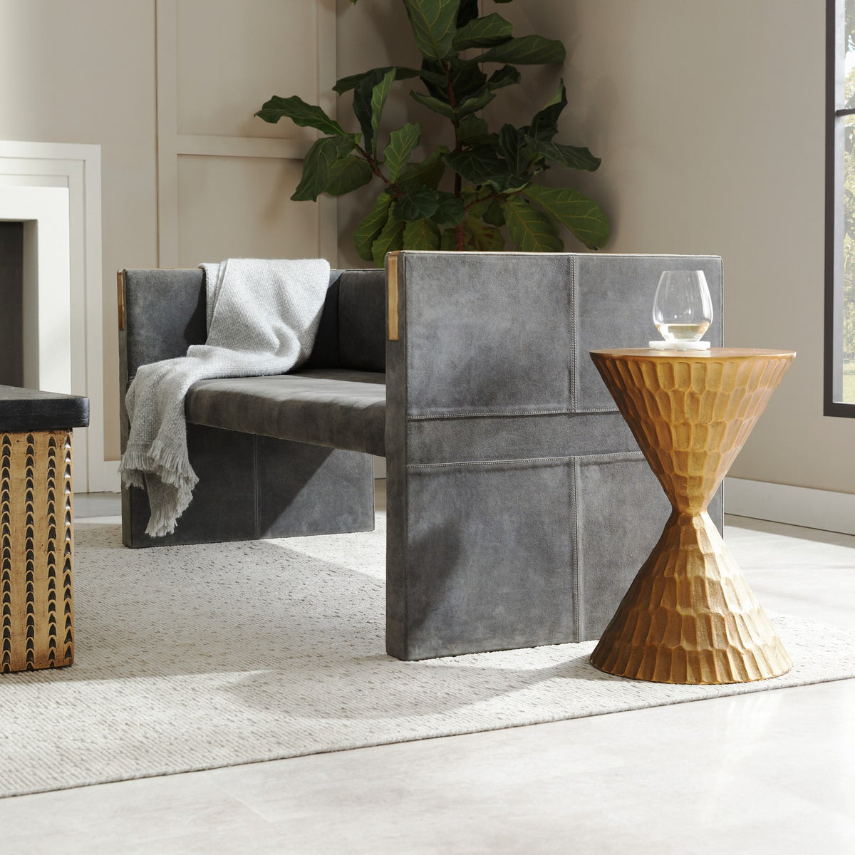 Donovan Settee in Slate Grey/Antique Brass