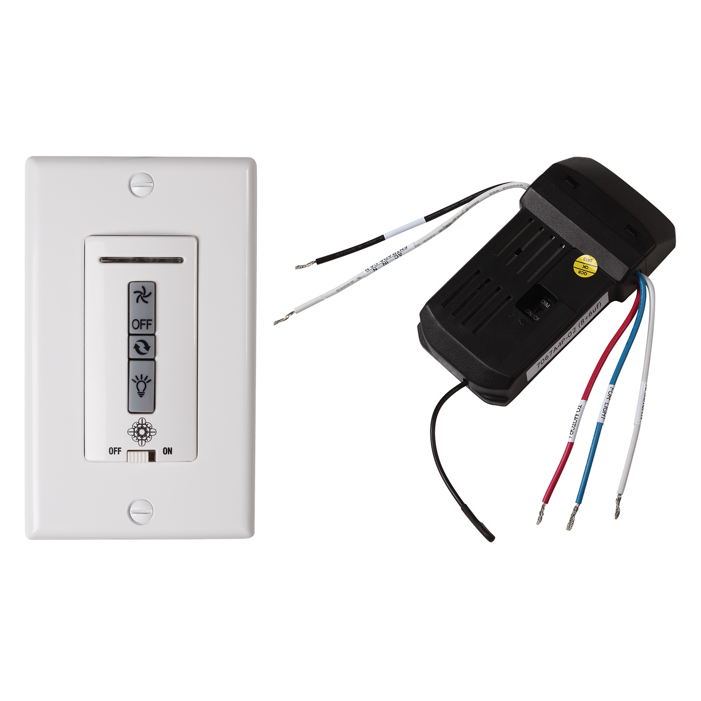 Hardwired wall remote control/receiver. Fan speed and downlight control. (non-reversing)