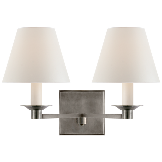 Evans Double Arm Sconce in Antique Nickel with Percale Shade