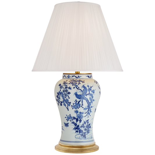 Blythe Medium Table Lamp in Blue and White Porcelain with Silk Pleated Shade