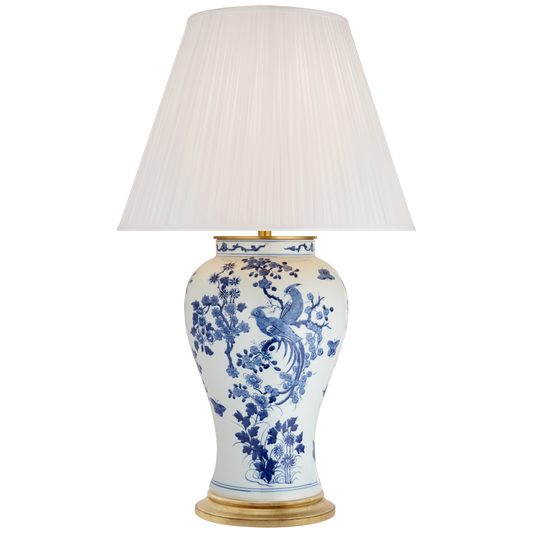 Blythe Large Table Lamp in Blue and White Porcelain with Silk Pleated Shade