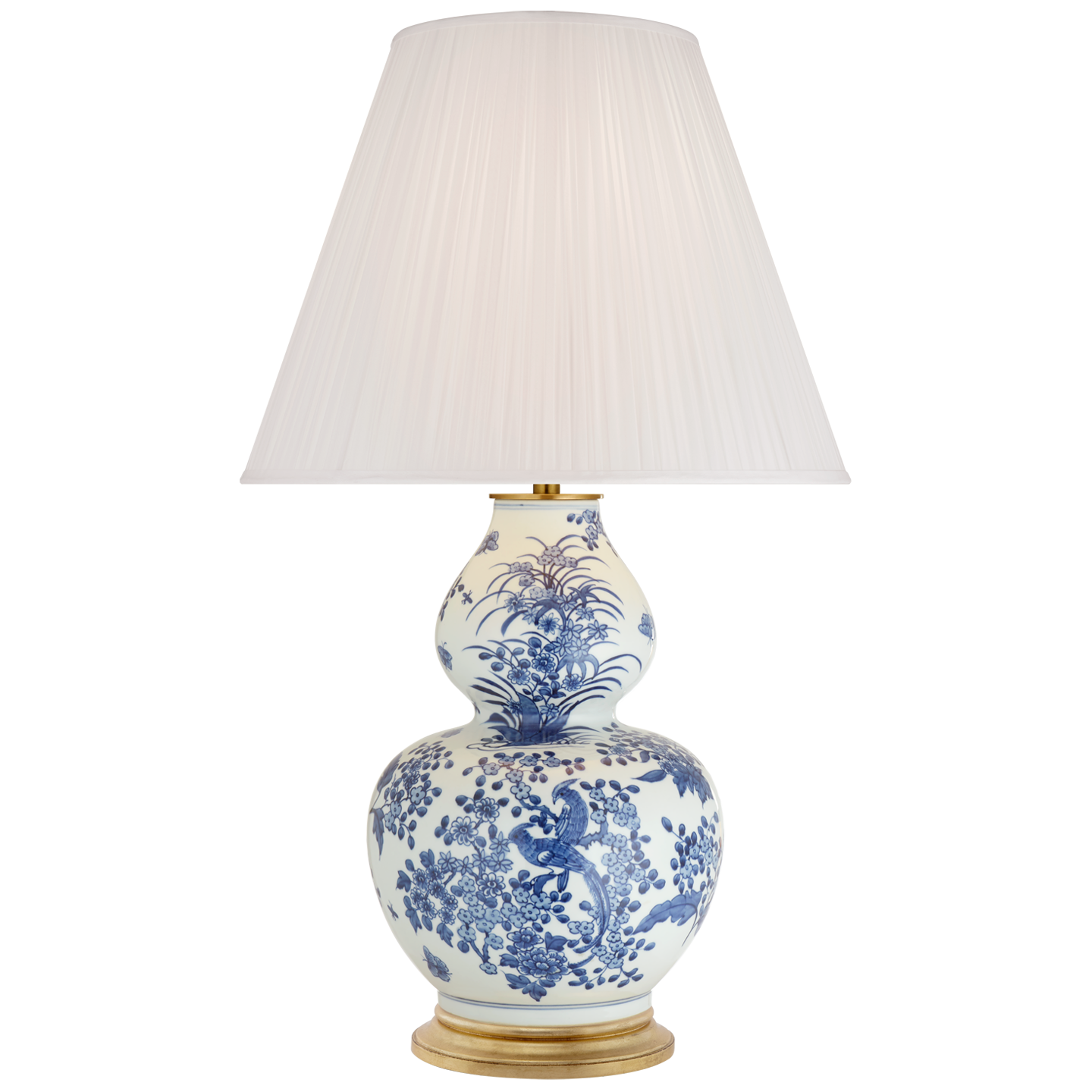 Sydnee Large Gourd Table Lamp in Blue and White Porcelain with Silk Pleated Shade