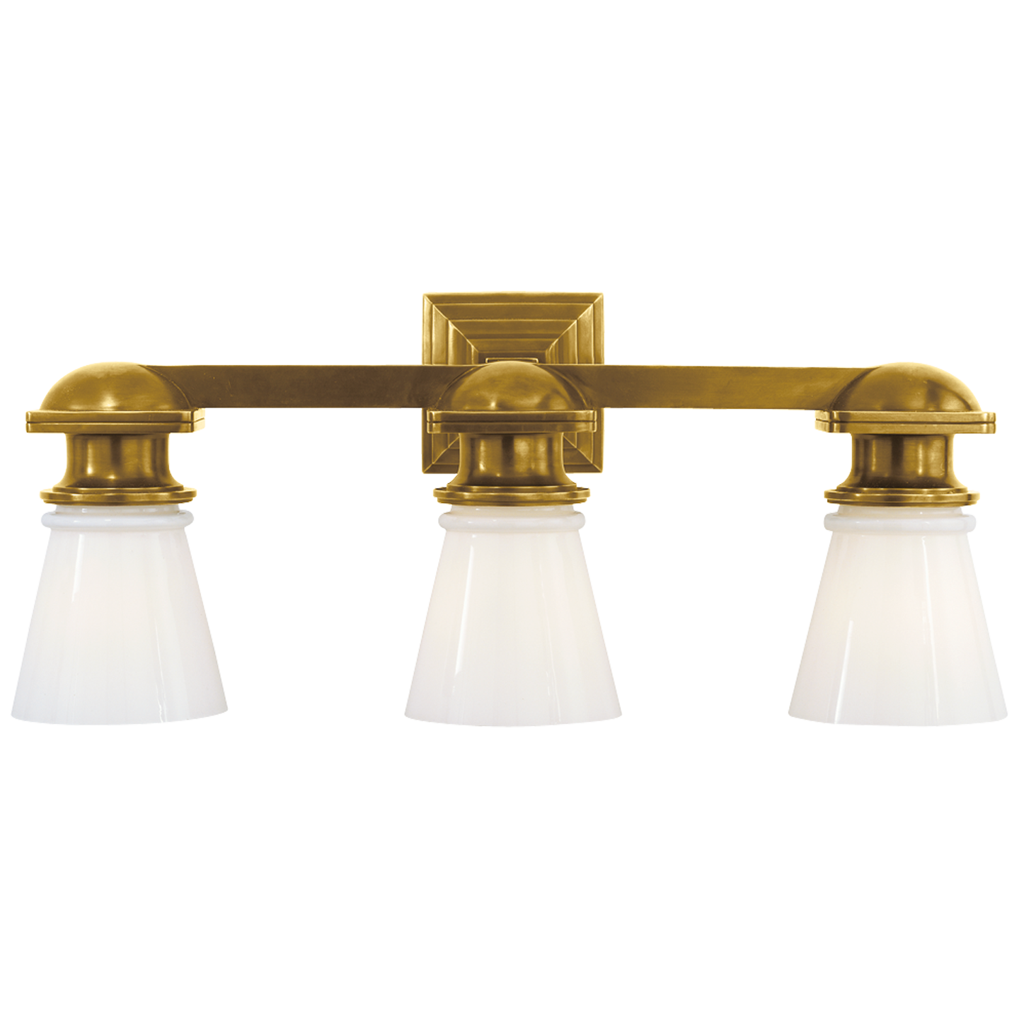 New York Subway Triple Light in Hand-Rubbed Antique Brass with White Glass
