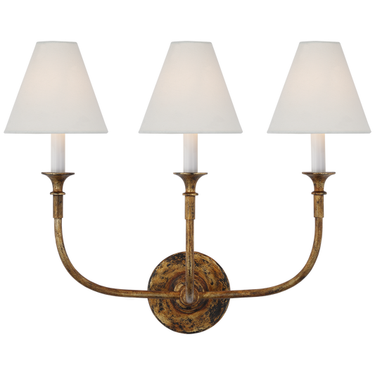 Piaf Triple Sconce in Antique Gild with Linen Shades