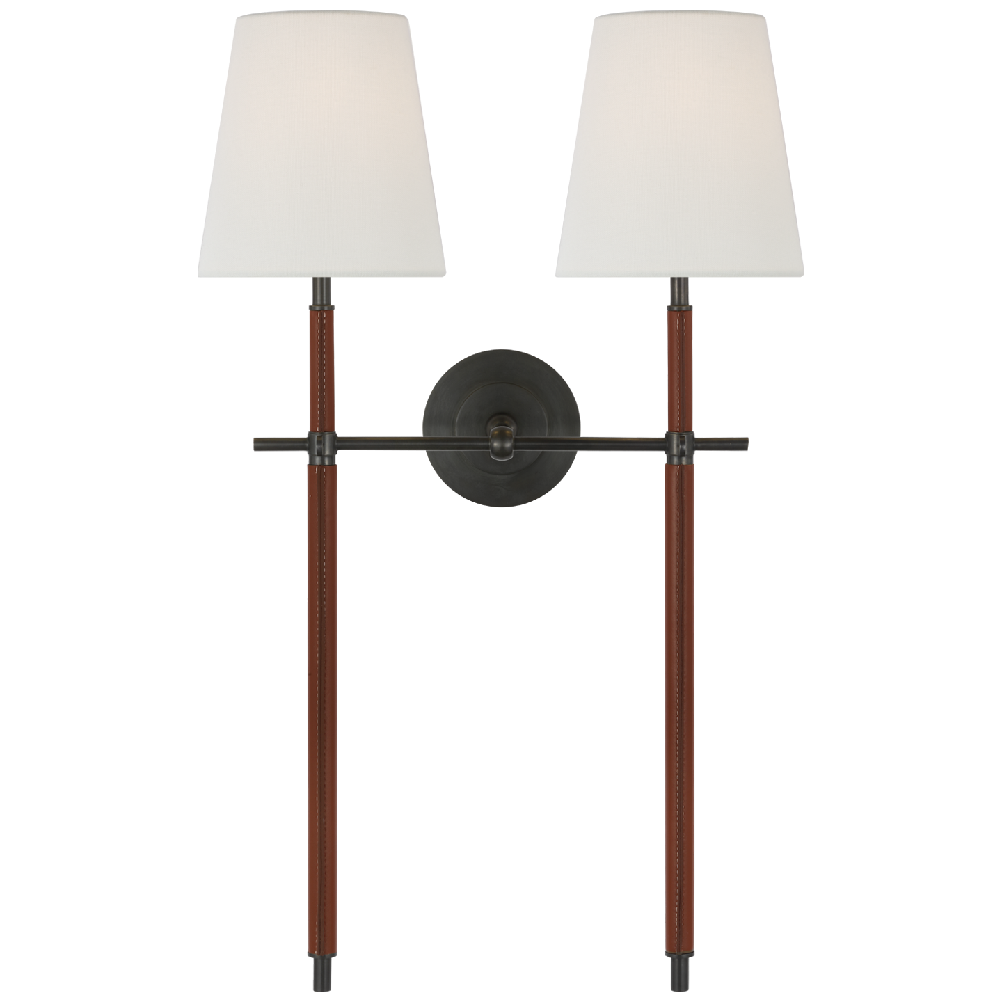 Bryant Large Wrapped Double Tail Sconce in Bronze and Saddle Leather with Linen Shades