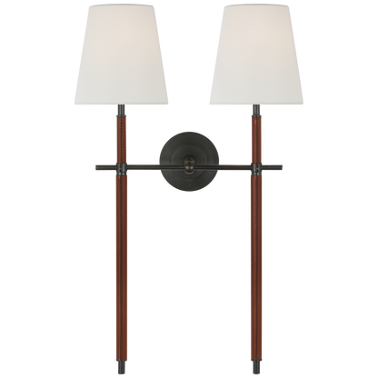 Bryant Large Wrapped Double Tail Sconce in Bronze and Saddle Leather with Linen Shades