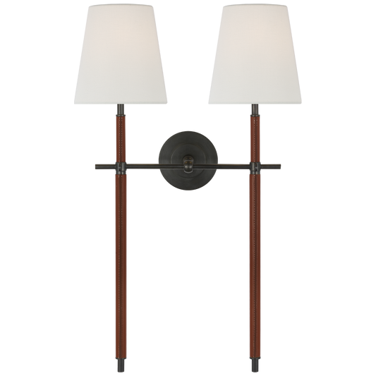 Bryant Large Wrapped Double Tail Sconce in Bronze and Saddle Leather with Linen Shades