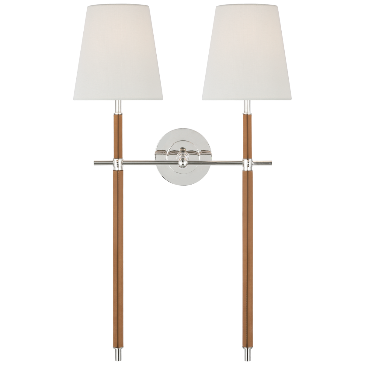 Bryant Large Wrapped Double Tail Sconce in Polished Nickel and Natural Leather with Linen Shades