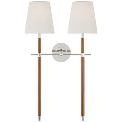 Bryant Large Wrapped Double Tail Sconce in Polished Nickel and Natural Leather with Linen Shades