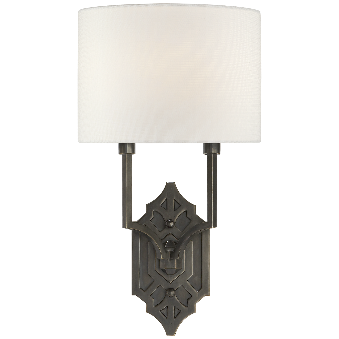 Silhouette Fretwork Sconce in Bronze with Linen Shade