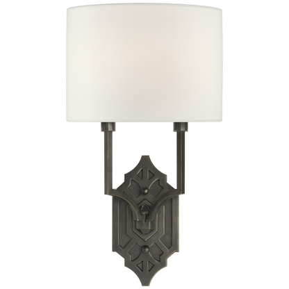 Silhouette Fretwork Sconce in Bronze with Linen Shade