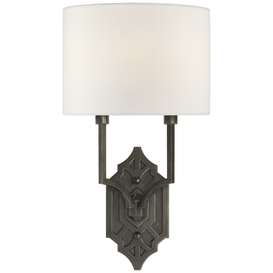 Silhouette Fretwork Sconce in Bronze with Linen Shade