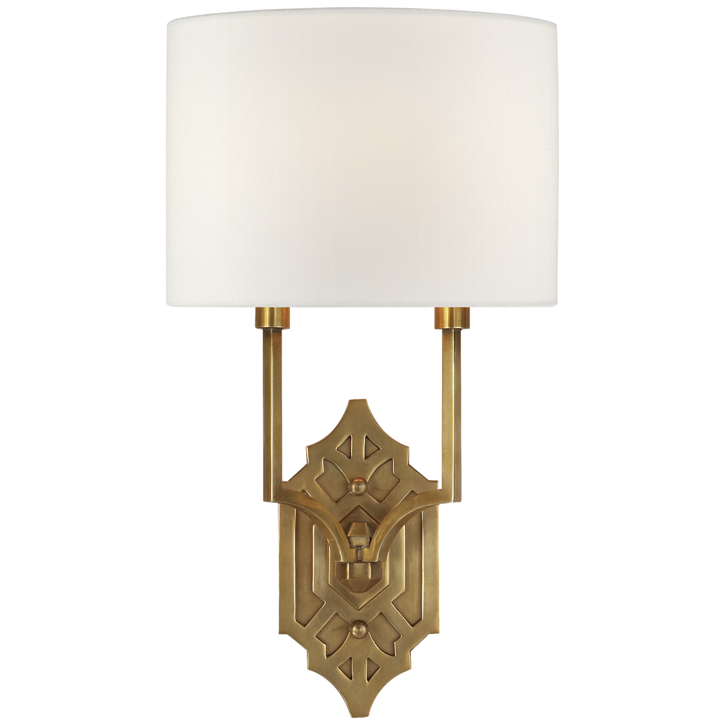 Silhouette Fretwork Sconce in Hand-Rubbed Antique Brass with Linen Shade