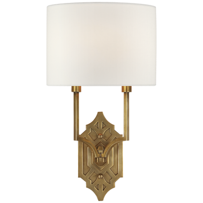 Silhouette Fretwork Sconce in Hand-Rubbed Antique Brass with Linen Shade