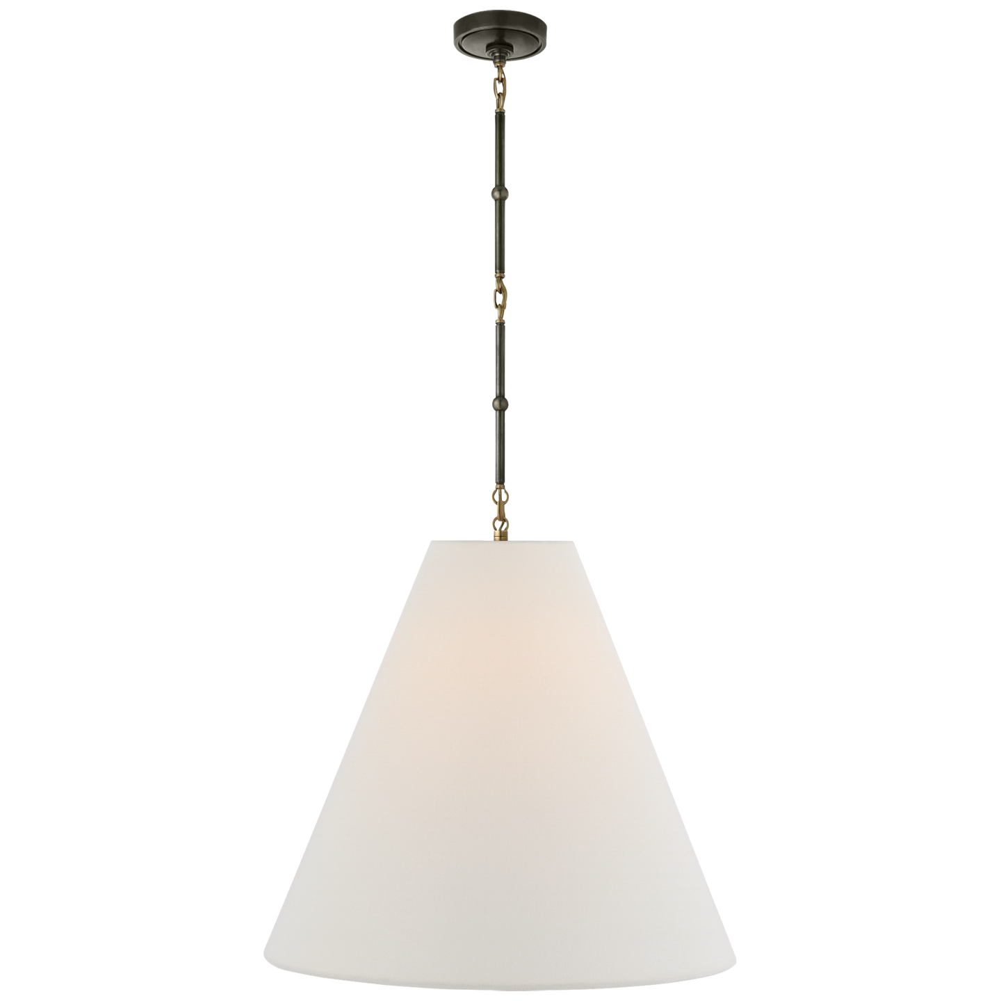 Goodman Large Hanging Lamp in Bronze and Hand-Rubbed Antique Brass with Linen Shade